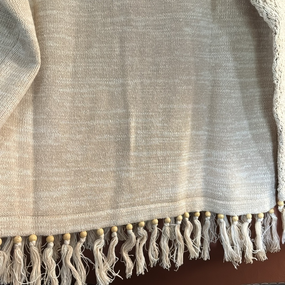 Vintage Storybook Knits Cardigan Sweater  beige Crochet Fringe Granny size L - Picture 5 of 10